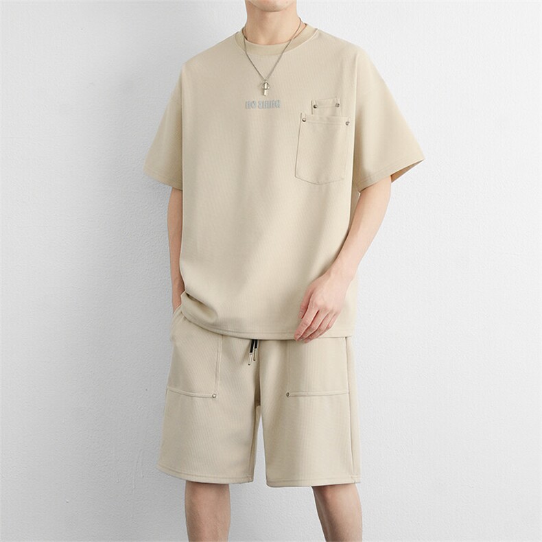 男高品质字母印花短袖套装男简约圆领休闲短袖短裤两件套,男装牛仔裤,星座914