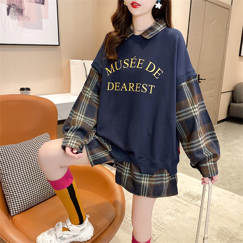 S0180韩版宽松印花字母拼接格子POLO翻领假两件薄款卫衣女P49，女装卫衣/绒衫，星座309B-2