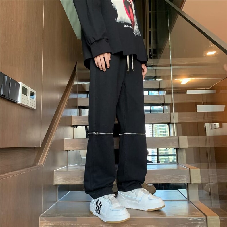 网红同款膝盖拉链破洞牛仔裤水洗高街男休闲裤百搭修身九分裤直筒,男装牛仔裤,四季星座218-1