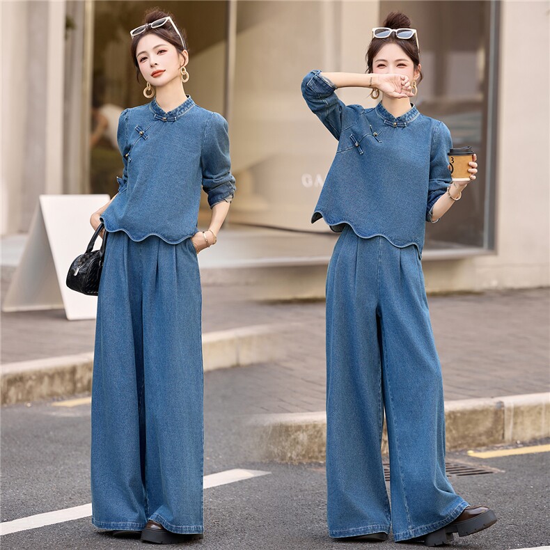 现货·现货2026年秋季牛仔阔腿裤新中式盘扣两件套装，女装套装/套裙，艾仟回(原伊仟回)