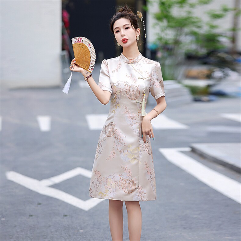 2024夏季新款优雅印花盘扣连衣裙修身显瘦气质淑女风,女装连衣裙,橙子家