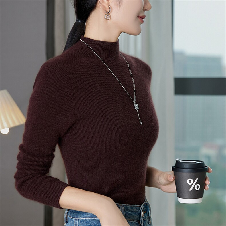无缝半高领羊绒衫女修身百搭毛衣2025秋冬打底衫保暖灰色针织内搭,女装羊毛衫,云暖羊山羊绒