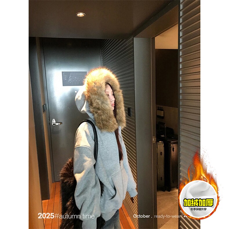 480G重磅加绒硬挺boxy秋冬美式高街超大毛领座山雕连帽卫衣厚外套，女装短外套，电商A486-1