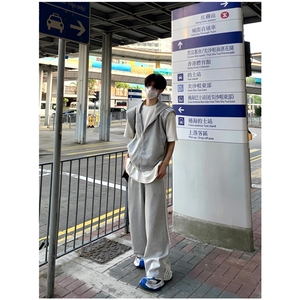 夏装三条杆运动套装男连帽垫肩马甲阔腿长裤男休闲两件套 TZ66图片