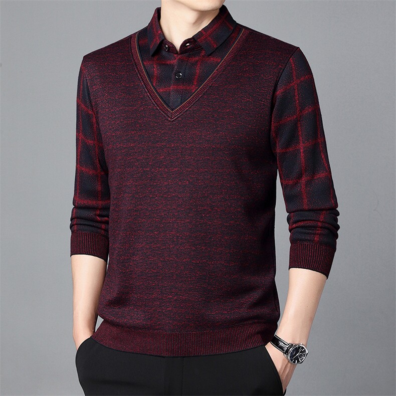 秋冬假两件加绒加厚针织毛衣长袖T恤中年男士百搭休闲商务体恤衫,男装Polo衫,电商B212（原钱塘6029）