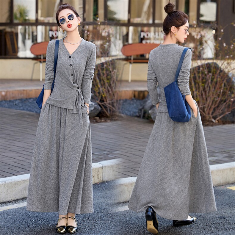 高级感套装女2025春新款韩系一整套穿搭气质显瘦针织半身裙两件套，女装套装/套裙，蓝诺裳