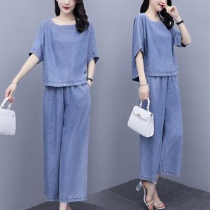 时尚牛仔套装女夏2025年夏季新款女装气质夏天坠感阔腿裤两件套裤图片