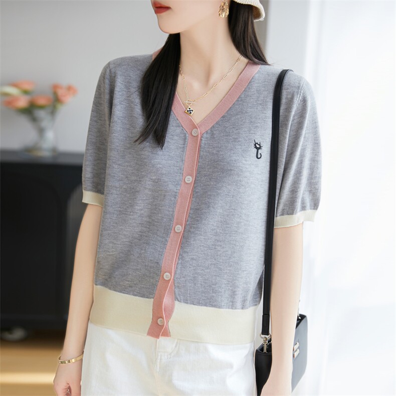 V领拼色刺绣桑蚕丝针织短袖T恤女薄款开衫上衣宽松显瘦打底衫半袖，女装蕾丝衫/雪纺衫，菲奥羊绒