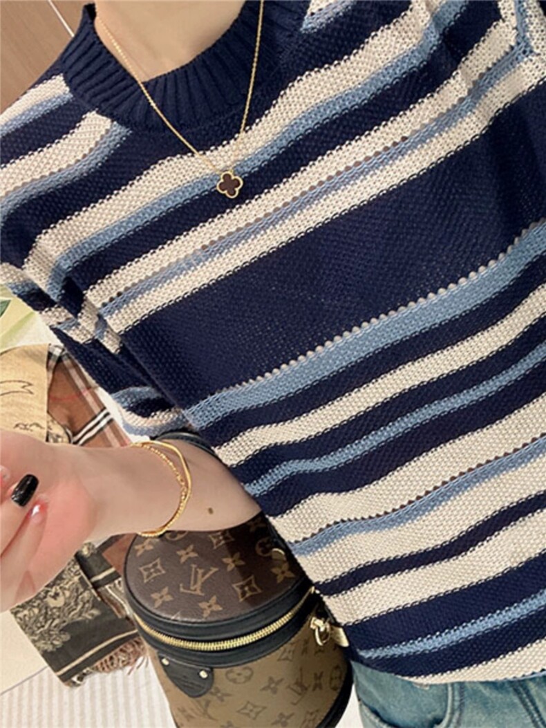 法式条纹针织短袖女薄款宽松夏季T恤女气质,针织衫/毛衣,圣旺供货