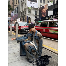 网络图现货美式复古做旧废土风脏染拖地牛仔裤套装JA184-P60，男装牛仔裤，星座715-7
