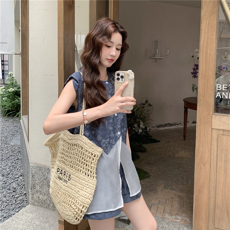 撞色拼接无袖马甲上衣短裤两件套女2025夏新款韩系设计感小众套装,女装套装/套裙,2C057