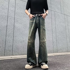 山小川潮牌破洞牛仔裤男美式高街设计感小众做旧水洗宽松直筒长裤，男装牛仔裤，四季星座505