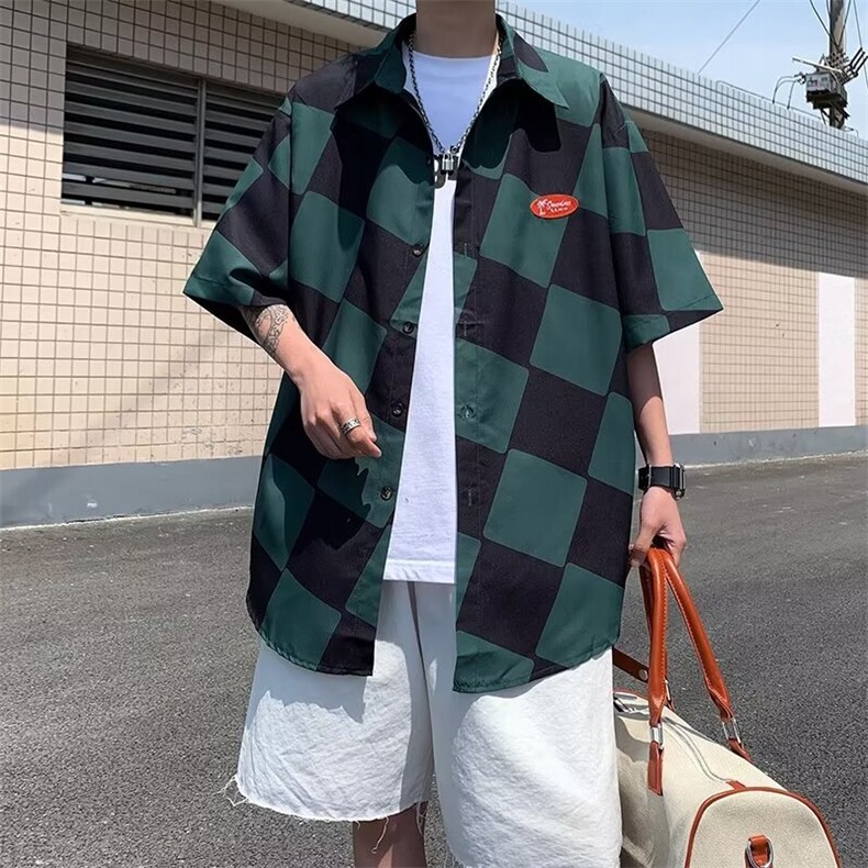 夏季宽松时尚休闲大码衬衫格子短袖开衫C61p29,男装衬衫,星座1013
