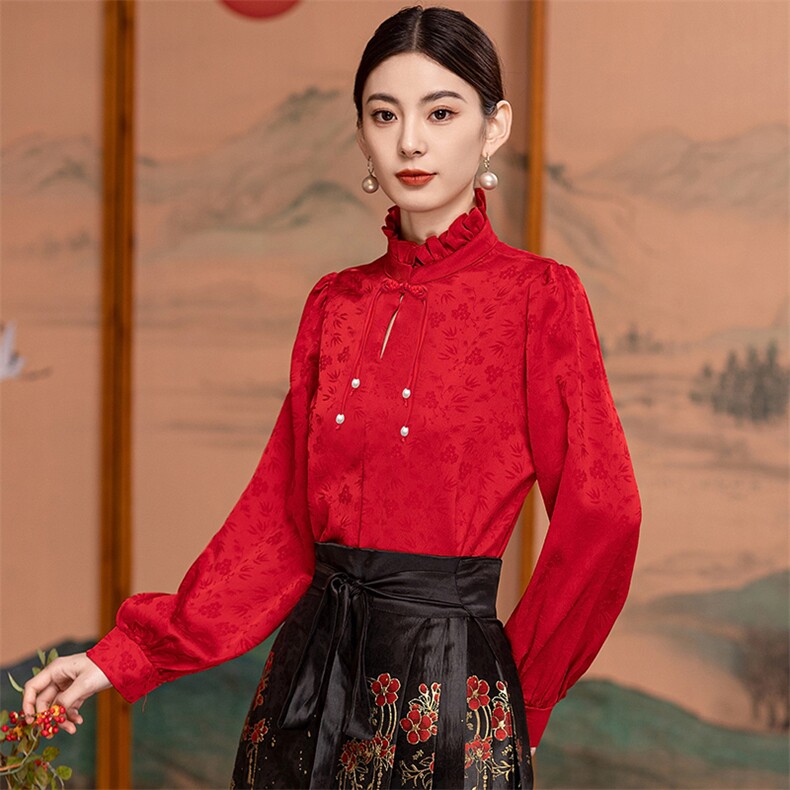 芷墨复古拼接纯色打底衬衫新中式复古百搭设计感上衣显高显瘦女,女装衬衫,芷墨服饰