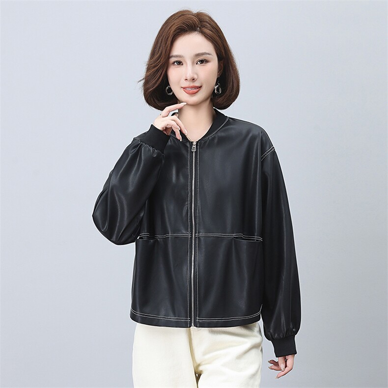 PU皮衣女短款2025年新款小个子中年妈妈时尚棒球服春秋季夹克上衣,女装皮衣,希欧阁