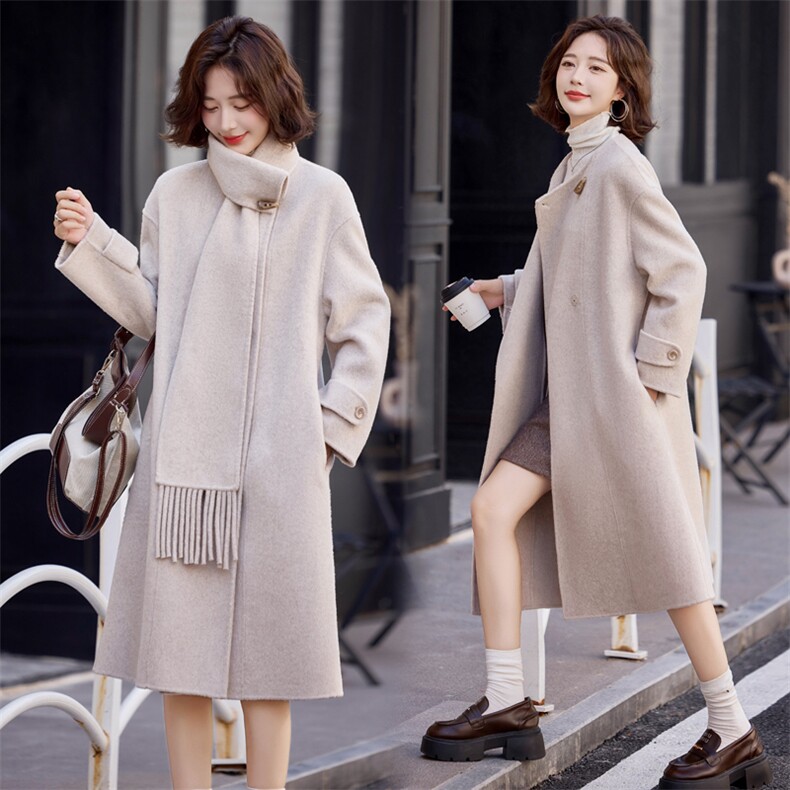 2025秋冬新款时尚简约中长围巾款专柜品质双面羊绒大衣，女装双面呢大衣，小荷流