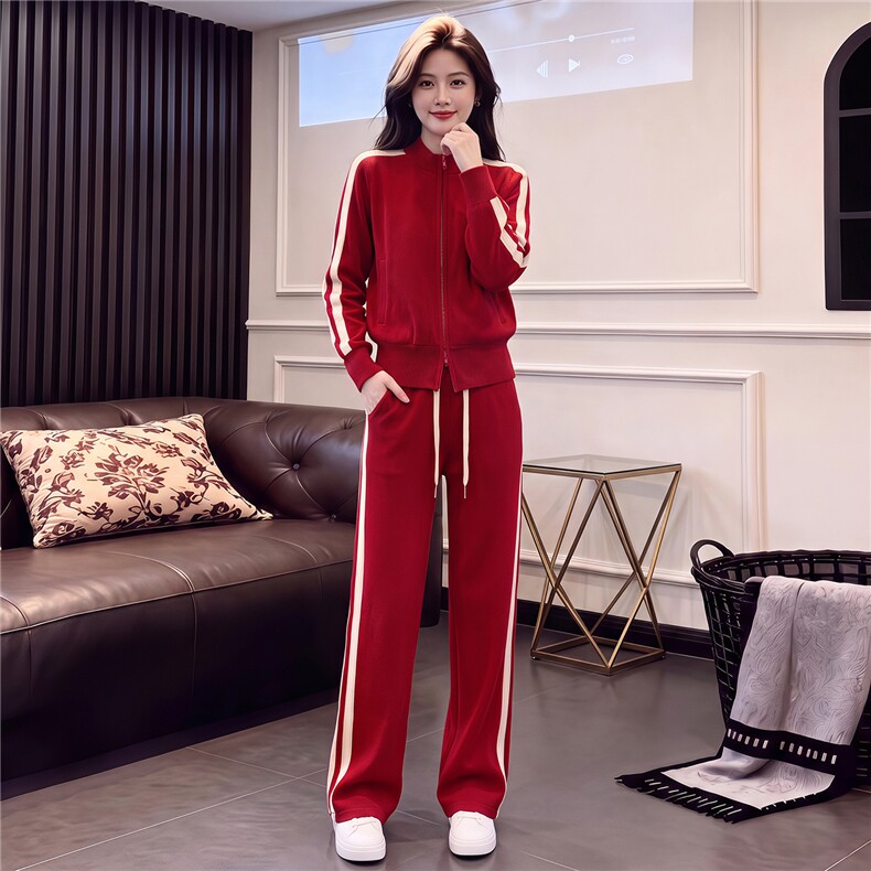 纯色运动套装女秋季新款时尚洋气高端拉链卫衣休闲阔腿长裤两件套,女装套装/套裙,江南