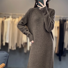 百搭女秋冬羊毛连衣裙简约休闲显瘦长袖针织裙舒适保暖高领毛衣裙，女装连衣裙，暖思雅