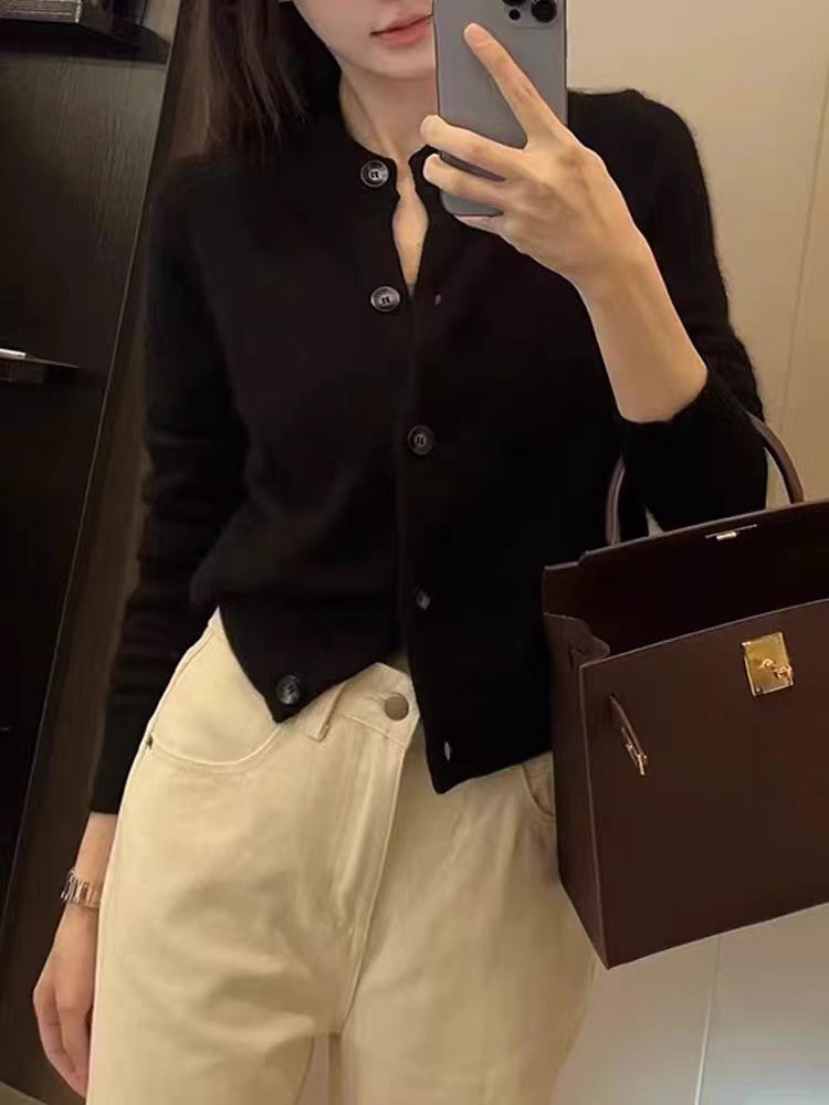 秋冬新款纯色针织单排扣开衫时尚百搭,针织衫/毛衣,冀清阳荣