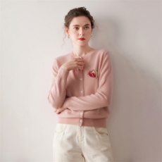 粉色温柔100%纯山羊绒开衫女宽松提花2025秋冬新圆领针织毛衣外套，女装针织衫/毛衣，镁纯羊绒