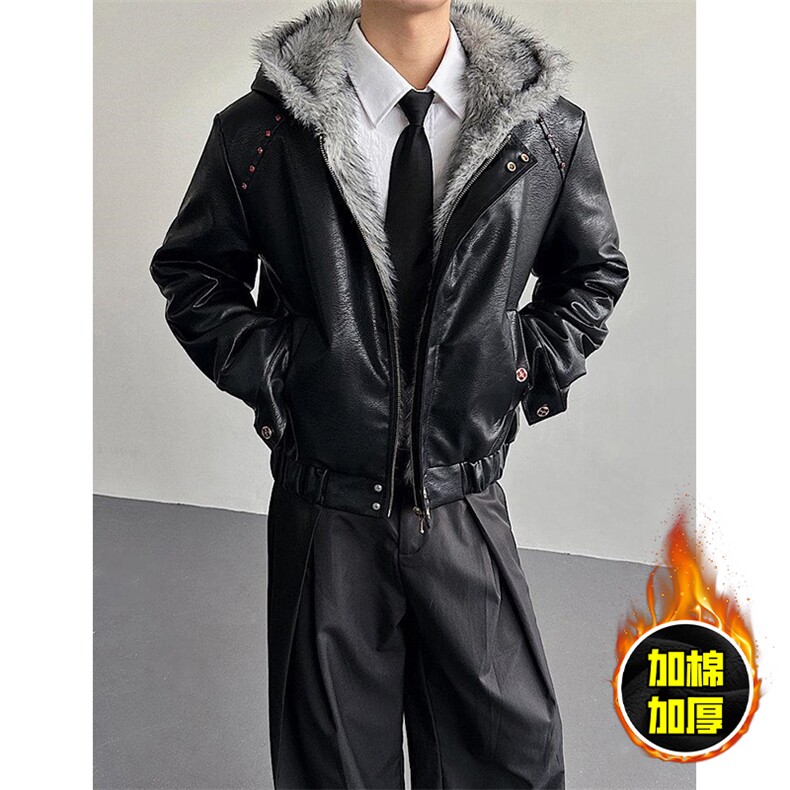现货冬季美式潮牌痞帅PU皮机车服棉衣毛毛绒狼王座山雕皮棉服,男装棉衣,电商A443