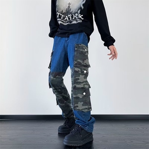 美式重磅迷彩牛仔裤男女夏季复古直筒工装裤阔腿拖地裤K7702-P68图片