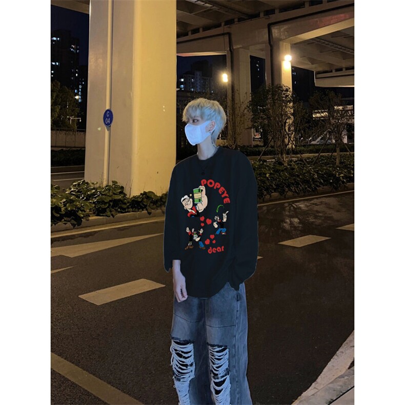 美式复古大力水手印花长袖T恤小领口打底衫,男装T恤,星座310A-4