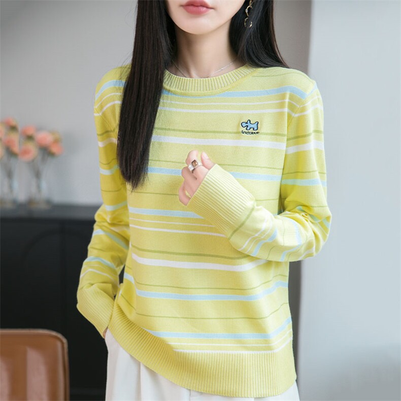 条纹刺绣长袖t恤女秋季2025新款打底衫洋气大码女装冰丝针织上衣,女装羊毛衫,萱芳婷羊绒