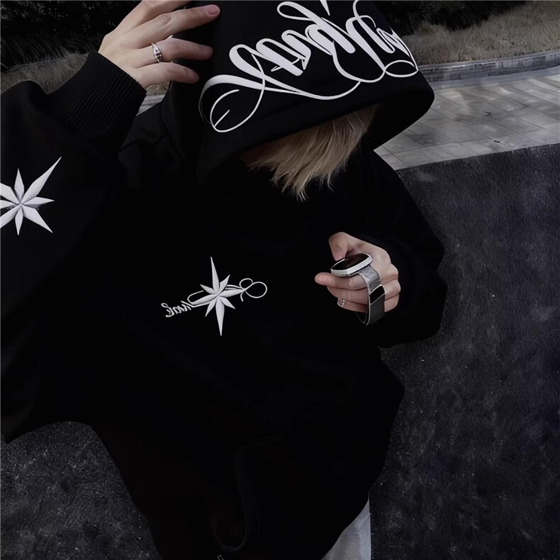 潮美式高街北极星刺绣连帽卫衣男情侣款宽松潮牌帽衫外套WY8314，女装短外套，星座208-5