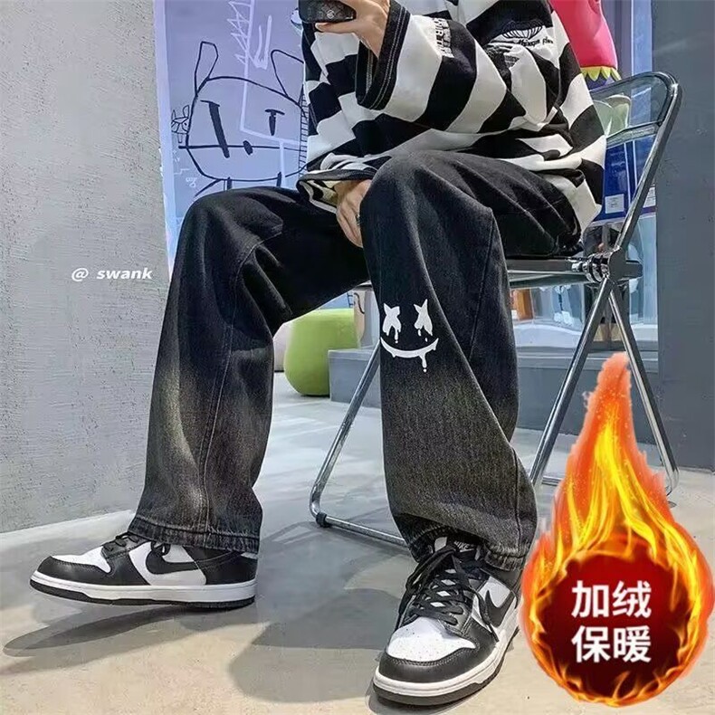 美式复古嘻哈高街男女印花弯刀阔腿牛仔裤宽松垂感加绒阔腿裤图片