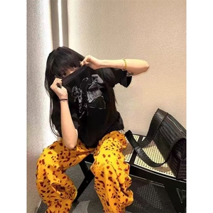 美式复古豹纹休闲裤女夏季宽松阔腿裤子小众设计直筒拖地高腰长裤图片