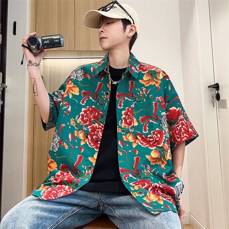 D1男女冰丝感风东北大花短袖衬衫衬衣外套民族风汉服团队服，男装T恤，星座115A(原星座507）