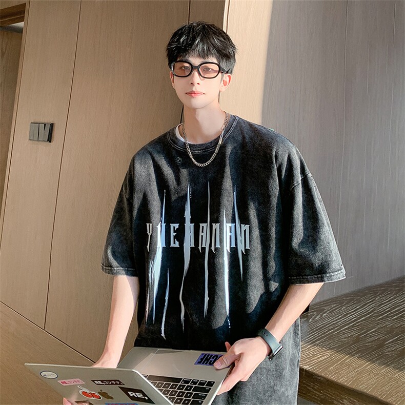 抖音供货、210克现货水洗棉印花宽松版短袖T恤D223A-T22134-P30,男装T恤,电商019-1