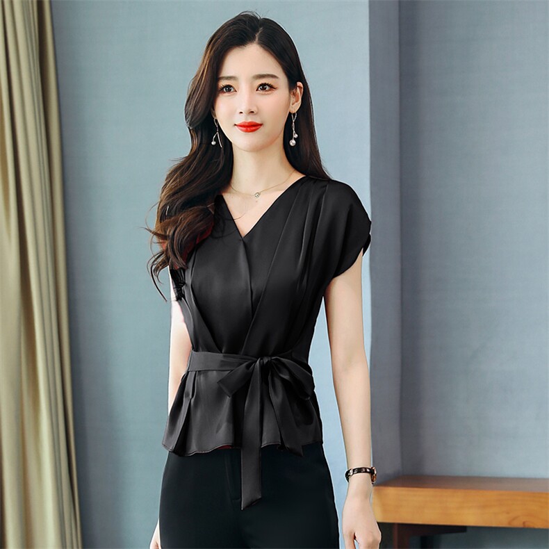 纯色蝴蝶结收腰小衫V领2025夏季淑女装甜美短袖修身显瘦衬衫上衣，女装T恤，火爆靓佳人