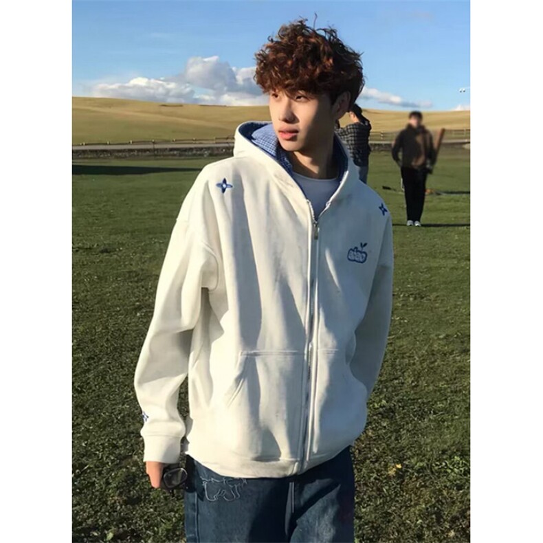 秋冬宽松格子拼接刺绣开衫拉链卫衣休闲夹克外套男WHT250,男装夹克,星座1116A（原606A-3）