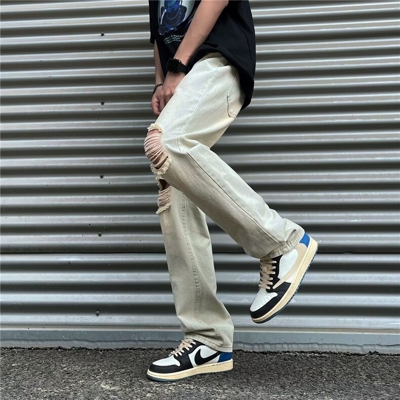 染黄泥色牛仔裤男韩版潮流破洞高街2023夏季新款ins长裤RK340-P39,男装牛仔裤,星座412-3