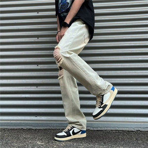 染黄泥色牛仔裤男韩版潮流破洞高街2023夏季新款ins长裤RK340-P39图片