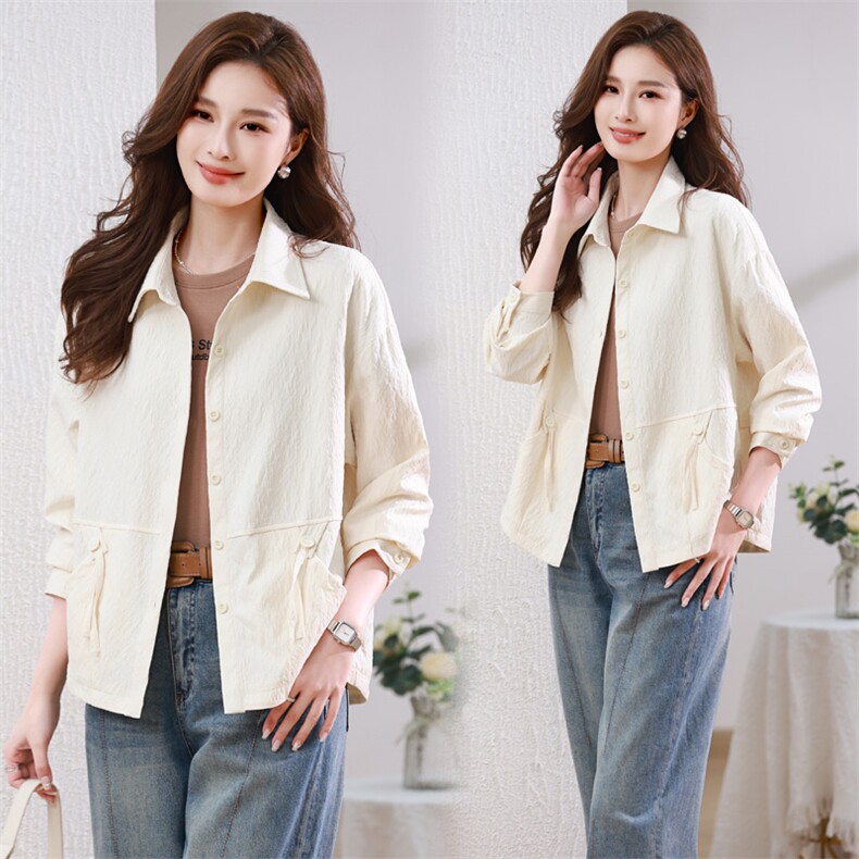 2025春季新款休闲翻领衬衫短外套女时尚纯色百搭显瘦减龄薄款上衣，女装衬衫，简韵佳