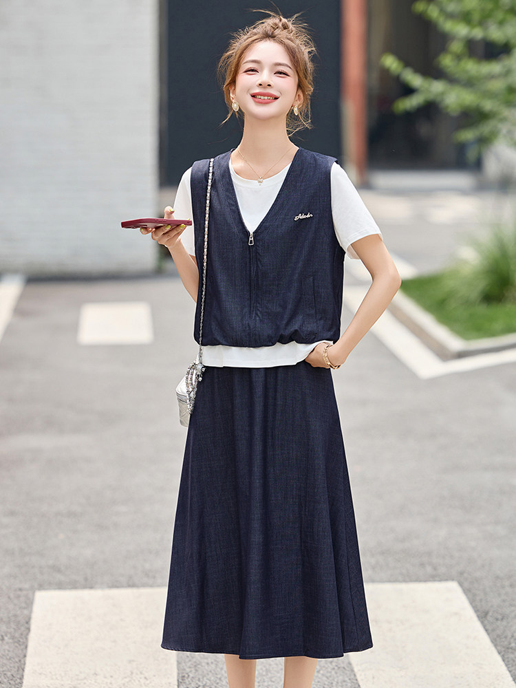 超好看时尚休闲牛仔套装裙女夏季撞色假两件上衣高腰半身裙两件套,女装套装/套裙,布芭啦