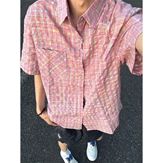粉色泡泡纱格子短袖衬衫男款夏季小众设计高级感cleanfit衬衣外套，男装T恤，星座1116A（原606A-3）