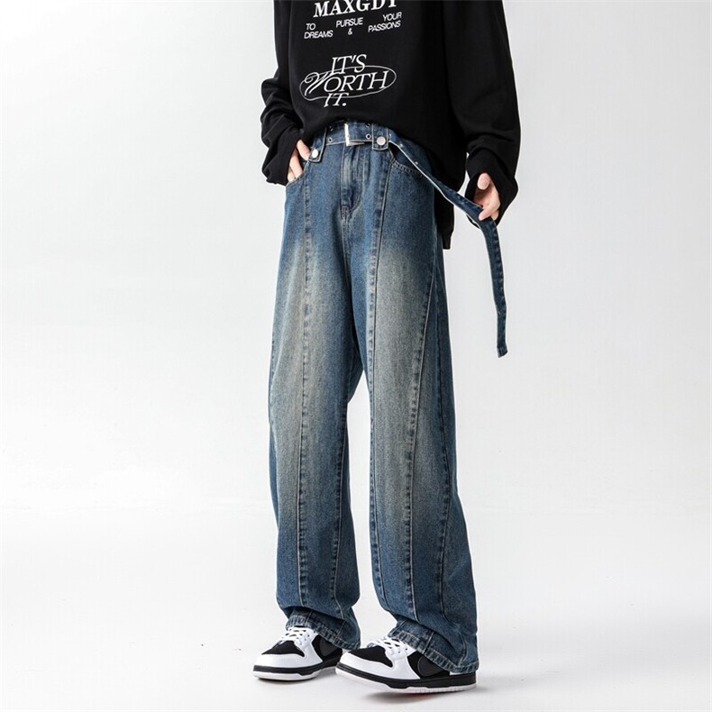 M-8XL送腰带牛仔裤2025春季大码美式高街vibe直筒裤子NZ9007/P65，男装牛仔裤，电商B238