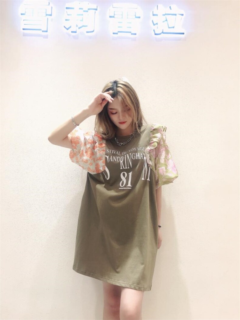 拼接小碎花袖字母连衣裙带口袋，女装连衣裙，雪莉雷拉