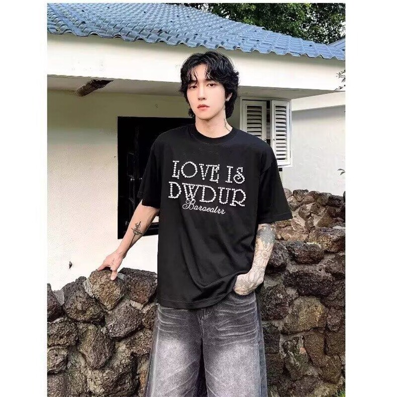 小众设计立体珍珠泡珠字母短袖T恤夏季男潮牌高级圆领体恤,男装T恤,星座410-7