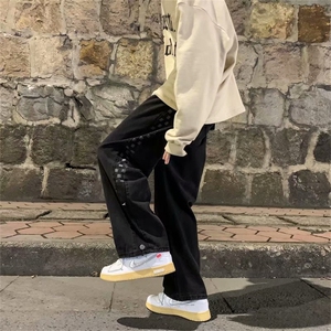 格子直筒牛仔裤男新款痞帅裤子潮流百搭ins港风高街长裤NK8500-45图片