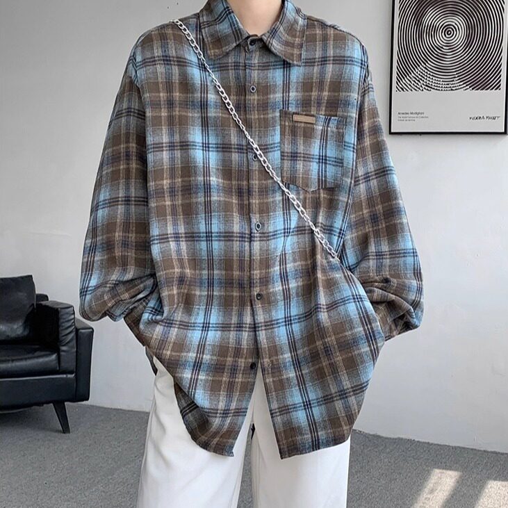 JY781-P35格子外套男春秋季青少年休闲宽松长袖衬衣，男装衬衫，星座1501-3