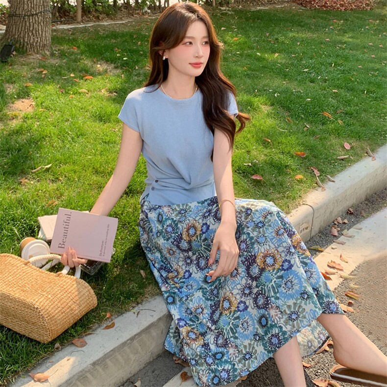 村口伊依82555时尚百搭针织衫+半身裙两件套女25夏新韩版休闲套装，女装套装/套裙，超帛