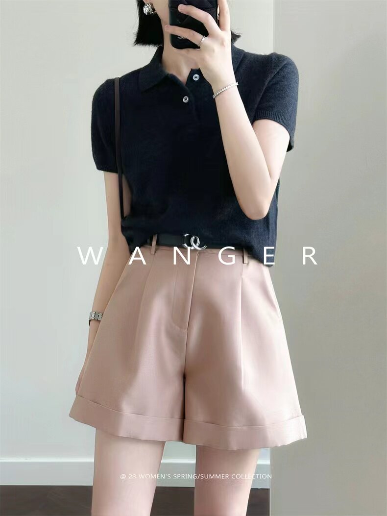 新品纯色女翻领polo衫短袖短款，女装T恤，半城羊绒