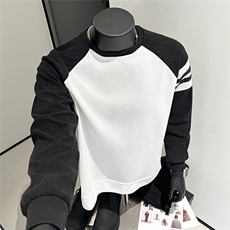 港风秋款男女圆领卫衣撞色条纹拼接长袖T恤外套WY8259P40，男装T恤，星座1013-1