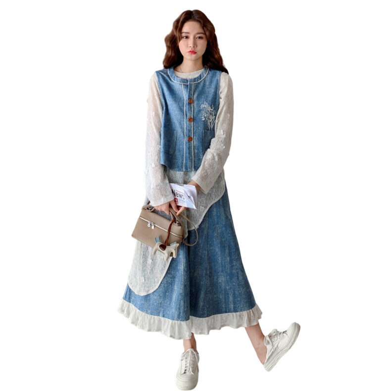 蓝色小清新牛仔提花套装裙女春秋新款小个子显瘦马甲半身裙三件套,女装套装/套裙,秋水欣儿