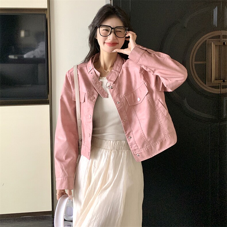 美拉德咖色皮衣短外套女春秋2025新款复古立领机车服休闲夹克上衣,女装皮衣,唛多